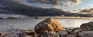 Preview wallpaper stones, sea, water, boat, horizon