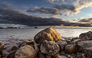 Preview wallpaper stones, sea, water, boat, horizon