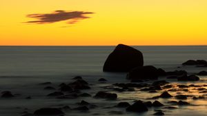 Preview wallpaper stones, sea, water, horizon, sunset