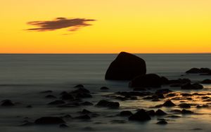 Preview wallpaper stones, sea, water, horizon, sunset