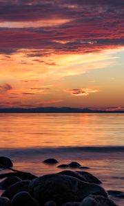 Preview wallpaper stones, sea, wave, clouds, sunset, nature