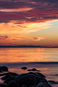 Preview wallpaper stones, sea, wave, clouds, sunset, nature
