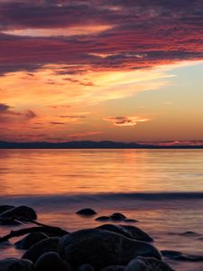 Preview wallpaper stones, sea, wave, clouds, sunset, nature