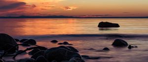 Preview wallpaper stones, sea, wave, clouds, sunset, nature