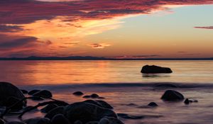 Preview wallpaper stones, sea, wave, clouds, sunset, nature