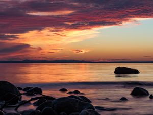 Preview wallpaper stones, sea, wave, clouds, sunset, nature