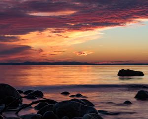Preview wallpaper stones, sea, wave, clouds, sunset, nature