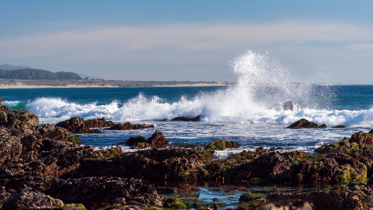 Wallpaper stones, sea, waves, splash, nature