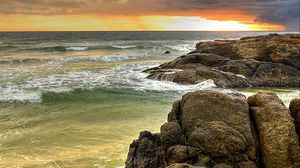Preview wallpaper stones, sea, waves, sunset, nature