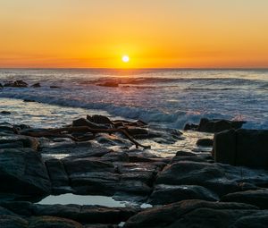 Preview wallpaper stones, sea, waves, sunset