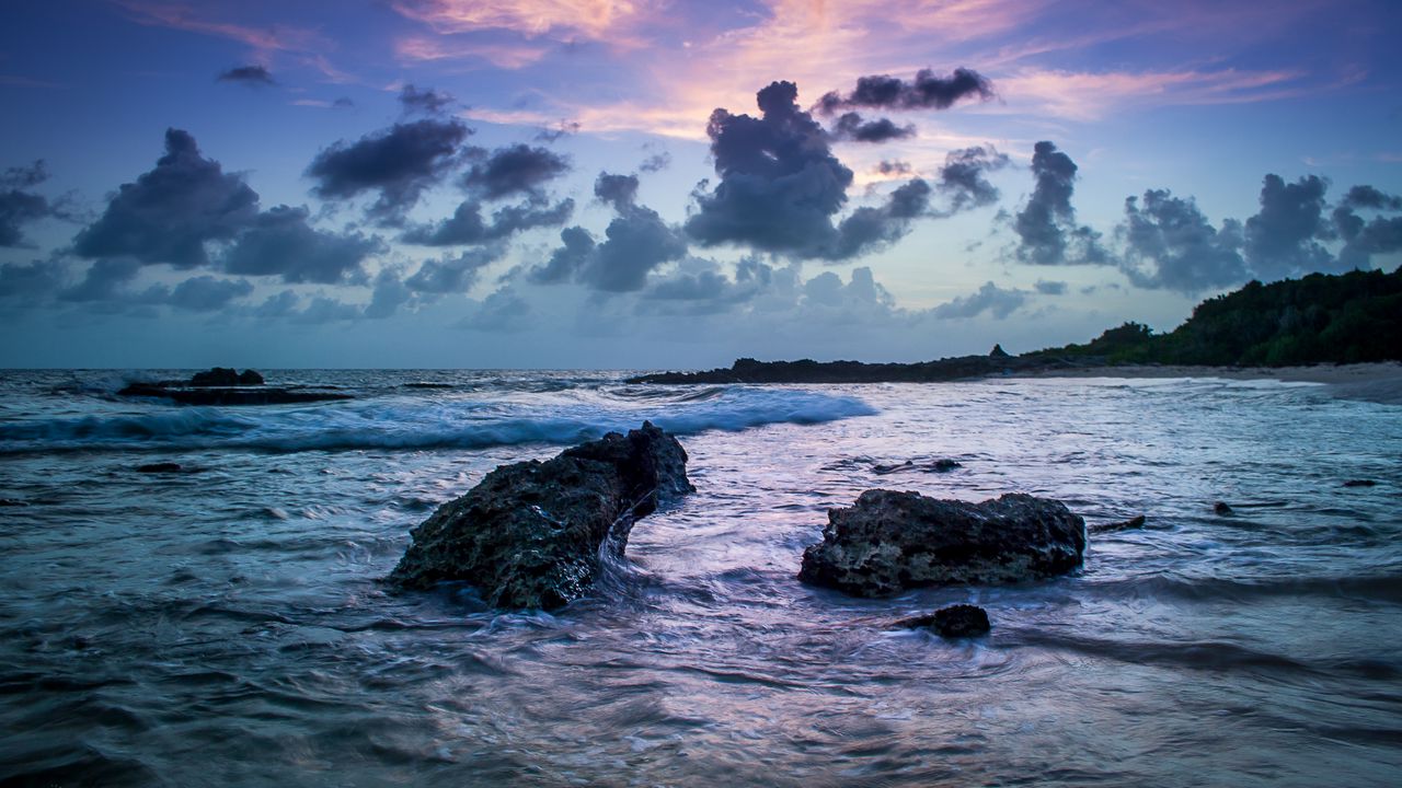 Wallpaper stones, sea, waves, clouds