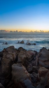 Preview wallpaper stones, sea, waves, horizon, nature, sunset