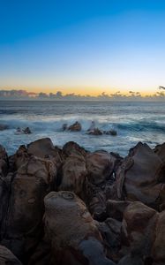 Preview wallpaper stones, sea, waves, horizon, nature, sunset