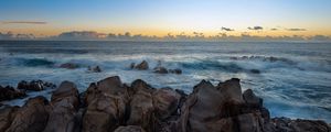 Preview wallpaper stones, sea, waves, horizon, nature, sunset