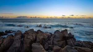 Preview wallpaper stones, sea, waves, horizon, nature, sunset
