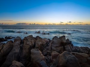 Preview wallpaper stones, sea, waves, horizon, nature, sunset