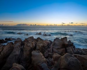 Preview wallpaper stones, sea, waves, horizon, nature, sunset