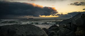 Preview wallpaper stones, sea, waves, horizon, clouds, nature