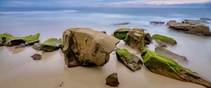 Preview wallpaper stones, shore, sand, moss, sea