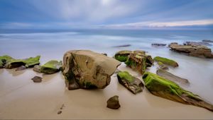 Preview wallpaper stones, shore, sand, moss, sea