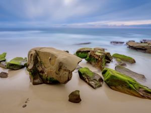 Preview wallpaper stones, shore, sand, moss, sea