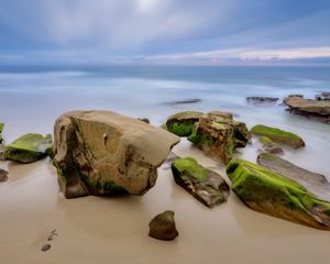 Preview wallpaper stones, shore, sand, moss, sea