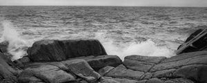 Preview wallpaper stones, shore, sea, waves, splashes, black and white