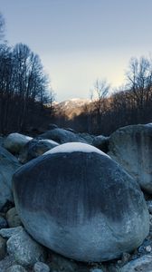 Preview wallpaper stones, snow, mountain, trees, nature