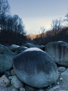 Preview wallpaper stones, snow, mountain, trees, nature