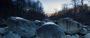 Preview wallpaper stones, snow, mountain, trees, nature