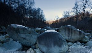 Preview wallpaper stones, snow, mountain, trees, nature