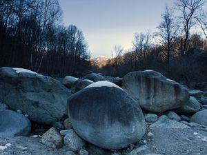 Preview wallpaper stones, snow, mountain, trees, nature