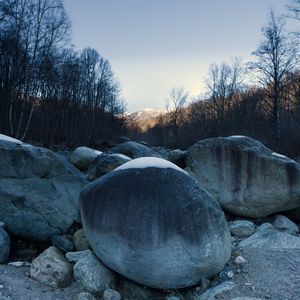 Preview wallpaper stones, snow, mountain, trees, nature