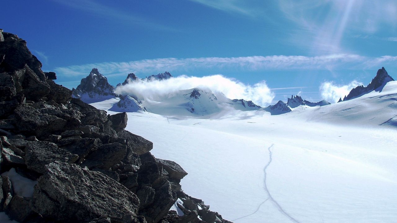 Wallpaper stones, snow, mountains, sky, sun, avalanche