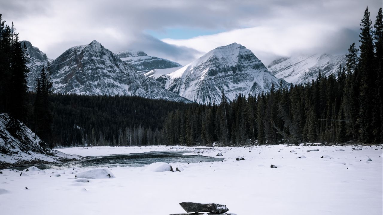 Wallpaper stones, snow, mountains, forest, trees