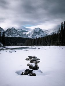 Preview wallpaper stones, snow, mountains, forest, trees