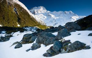 Preview wallpaper stones, snow, mountains, thawed patches, spring, light
