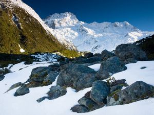 Preview wallpaper stones, snow, mountains, thawed patches, spring, light