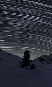 Preview wallpaper stones, snow, night, sky, stars, long exposure