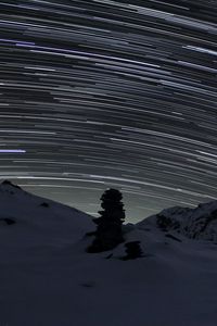 Preview wallpaper stones, snow, night, sky, stars, long exposure