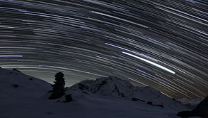 Preview wallpaper stones, snow, night, sky, stars, long exposure