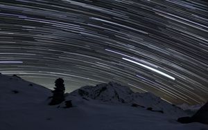 Preview wallpaper stones, snow, night, sky, stars, long exposure