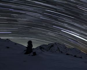 Preview wallpaper stones, snow, night, sky, stars, long exposure