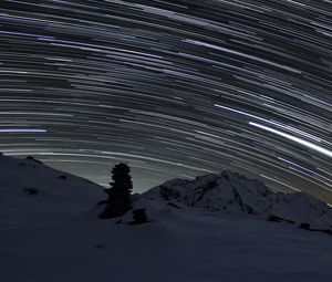 Preview wallpaper stones, snow, night, sky, stars, long exposure