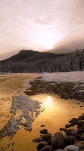 Preview wallpaper stones, snow, river, current, canada, mountain, trees