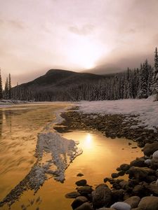 Preview wallpaper stones, snow, river, current, canada, mountain, trees