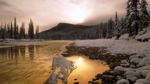 Preview wallpaper stones, snow, river, current, canada, mountain, trees
