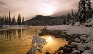 Preview wallpaper stones, snow, river, current, canada, mountain, trees