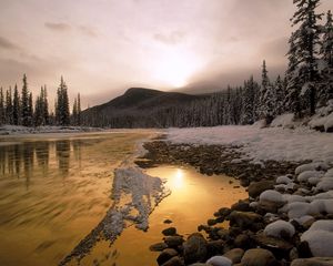 Preview wallpaper stones, snow, river, current, canada, mountain, trees