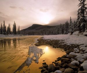 Preview wallpaper stones, snow, river, current, canada, mountain, trees